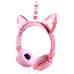 Isightguard Kids Headphones, Unicorn Headphones Wired Headphones,On Ear, Cat Ear Headphones with LED for Girls, 3.5mm Audio Jack for Cell Phone,Pink