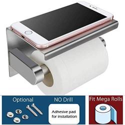 Waydeli Toilet Paper Holder with Phone Shelf, Fit Mega Rolls, Tissue Roll Dispenser with Storage Shelf, SUS304 Stainless Steel, 3M Adhesive No Drill or Wall-Mounted with Screws - Brushed Nickel