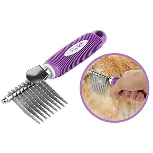 Poodle Pet Dematting Fur Rake Comb Brush Tool - with Long 2.5 Inches Steel Safety Blades for Detangling Matted or Knotted Undercoat Hair.