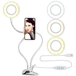 Cell Phone Holder with Selfie Ring Light Compatible with iPhone & Phone Android, UBeesize LED Camera Light with Lazy Bracket for Live Stream, Desk Lamp for Bedroom, Office, Kitchen, Bathroom (White)