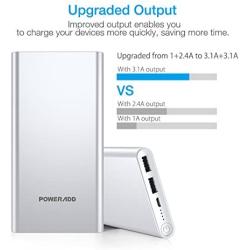 Poweradd 2ND Gen Pilot 2GS 10000mAh Power Bank, Dual USB Port 3.4A Portable Charger with High-Speed Charge for iPhone, Ipad, Samsung, Mobile Phones and Tablet- Silver