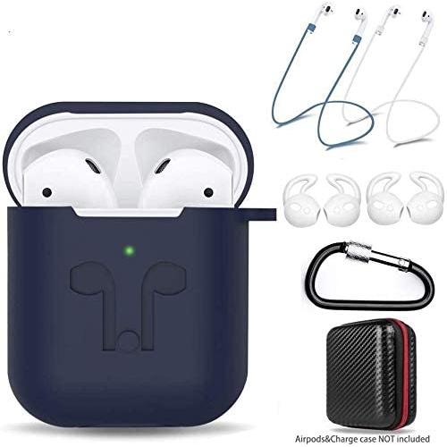 amasing AirPods Case 7 in 1 for Airpods 1&2 Accessories Kits Protective Silicone Cover for Airpod Gen1 2 (Front Led Visible) Included 2 Ear Hook /2 Staps/1 Clips Tips Grips/1 Zipper Box (Blue)