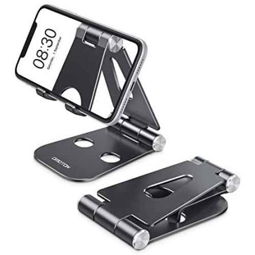 Foldable Cell Phone Stand, OMOTON Adjustable Aluminum Desktop Phone Holder Cradle Dock Compatible with iPhone Se 2/11 Pro Max/11 Pro/11, Samsung Note 10 Plus/S20 and Other Devices (4-9.7"), Black