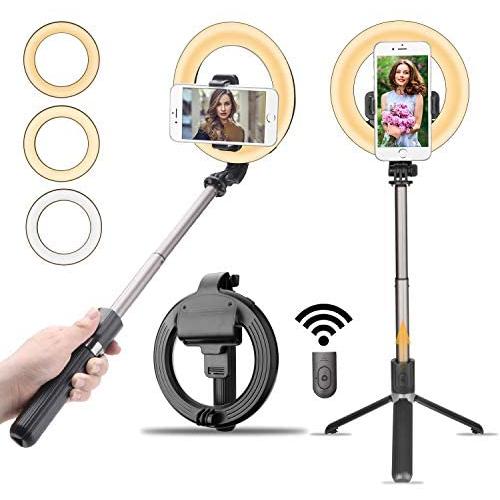 Selfie Ring Light with Tripod Stand and Cell Phone Holder for Live Stream/Makeup,Bluetooth Selfie Stick Tripod Stand with Light, Portable 5 Inch Ring Light