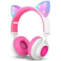 Bluetooth Headphones, Riwbox CT-7 Cat Ear LED Light Up Wireless Foldable Headphones Over Ear with Microphone and Volume Control for iPhone/iPad/Smartphones/Laptop/PC/TV (White&Pink)