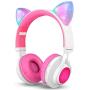 Bluetooth Headphones, Riwbox CT-7 Cat Ear LED Light Up Wireless Foldable Headphones Over Ear with Microphone and Volume Control for iPhone/iPad/Smartphones/Laptop/PC/TV (White&Pink)