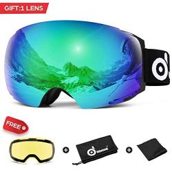 Odoland Magnetic Interchangeable Ski Goggles with 2 Lens, Large Spherical Frameless Snow Goggles for Men & Women, OTG and UV400 Protection