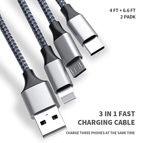 (Gray)4ft+6.6ft 2pack 3in1 Cable 3A Multiple Devices Phone Connector Universal USB Charger Cord Adapter Compatible with Cell Phone Note Tablets and More