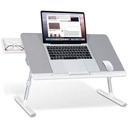 SAIJI Laptop Bed Tray Table, Adjustable PVC Leather Laptop Bed Table, Portable Standing Desk with Storage Drawer, Foldable Lap Tablet Table for Sofa Couch Floor (Gray,Large)