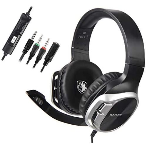 Sades Stereo Gaming Headset for Xbox One PS4 PC,Surround Sound Over-Ear Headphones Anti-Noise Mic,Volume Control Laptop, Mac,Smartphone, iPad -(R17 Black Silver)