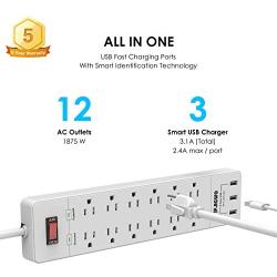 3 USB Surge Protector with 12 Outlets Flat Plug Power Strips, 6 Feet Extension Cords with 5V/3.1A 15AMP and 1700 Joules for Protect Electricity and Smart Phone Charging by JF.EGWO, White