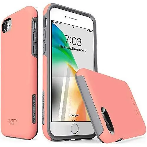 TEAM LUXURY [Clarity Series Case for iPhone SE 2020 / iPhone 8 & iPhone 7, Updated G-II [Shock Absorbent] Protective Phone Case 2nd Generation (4.7&quot) - Living Coral/Gray