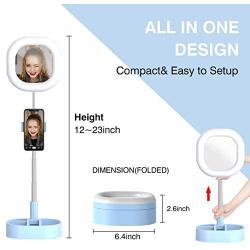 CameCosy Selfie LED Light with Tripod Stand +Foldable Beauty Mirror+Cell Phone Holder, Adjustable Brightness Fill Light for Makeup/Camera Video/YouTube, Compatible with iPhone/Android.-Blue