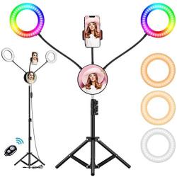 6.6" RGB Selfie Ring Light, Double LED Ringlight 3200-6500K with Mirror & Tripod Stand for Live Stream/Make Up/YouTube/TikTok/Photography/Video Recording Compatible with iPhone & Android Phone