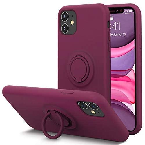 KUMEEK for iPhone 11 Case Fingerprint | Kickstand | Anti-Scratch | Microfiber Liner Shock Absorption Gel Rubber Full Body Protection Liquid Silicone Case for iPhone 11-WineRed