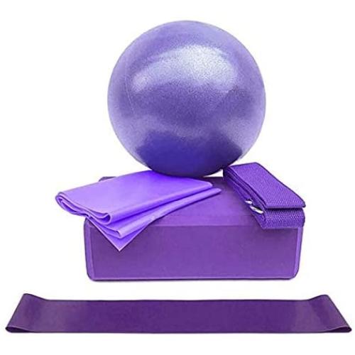 Ayunjia 5 Pcs Yoga Equipment Set EVA Exercise Ball Workout Brick Bolster Stretch Belt Aid Gym Pilates Training Body Shaping Fitness Equipment (Purple)