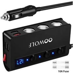 Cigarette Lighter Adapter, OOWOLF 180W 12V/24V Quick Charge 3.0 3-Socket Splitter 4 USB Ports Car Power Adapter for GPS, Dash Cam, Sat Nav, Phone, iPad, Tablet, etc