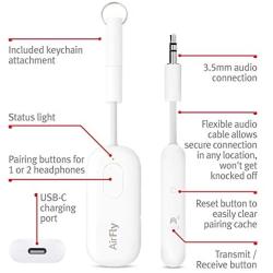 Twelve South AirFly Pro | Wireless Transmitter/Receiver with Audio Sharing for up to 2 AirPods/Wireless Headphones to Any Audio Jack for use on Airplanes, Boats or in Gym, Home, auto