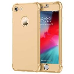 ORETECH iPhone 8 Case, iPhone 7 Case, with[2 x Tempered Glass Screen Protector] 360° Full Body Shockproof Protection Cover Ultra-Thin Hard PC + Soft Rubber Silicone for iPhone 7/8-4.7 -Gold