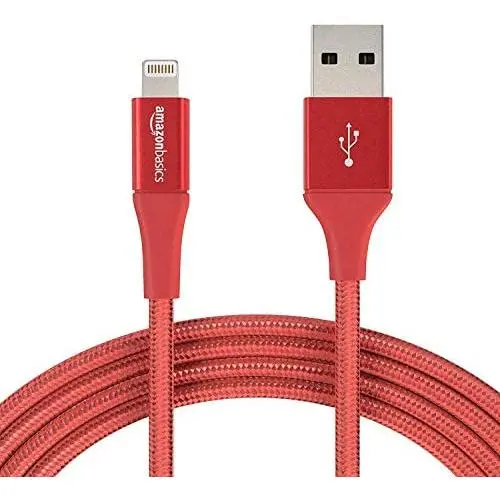 AmazonBasics Double Braided Nylon Lightning to USB Cable, Advanced Collection, MFi Certified Apple iPhone Charger, Red, 10 Foot AmazonBasics Double Braided Nylon Lightning to USB Cable, Advanced Collection, MFi Certified Apple iPhone Charger, Red, 10 Foot