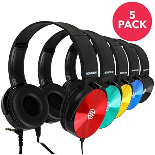 Classroom Headphones Bulk 5 Pack, Student On Ear Color Varieties, Comfy Swivel Earphones for Library, School, Airplane, Kids, for Online Learning and Travel, Noise Reducing, Stereo Sound 3.5mm Jack