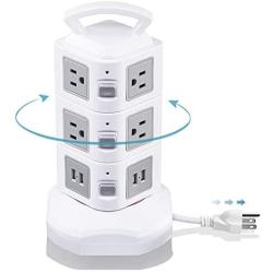 Surge Protector Power Strip, Tower Multi Plug Outlet with Long Extension Cord, Electric Charging Station 3000W 13A 16AWG 10 Outlet 4 USB Slot, 6.5 ft Wire for PC Laptops Mobile Office Home