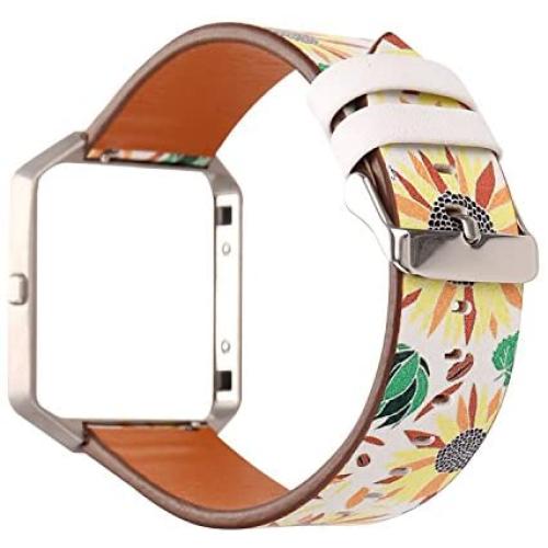 Women Flower Watch Strap for Fitbit Blaze Bands, Soft Leather Replacement Wristband Bracelet with Metal Frame for Fitbit Blaze Smart Fitness Watch