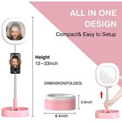 CameCosy Selfie LED Light with Tripod Stand +Foldable Beauty Mirror+Cell Phone Holder, Adjustable Brightness Fill Light for Makeup/Camera Video/YouTube, Compatible with iPhone/Android.-Pink