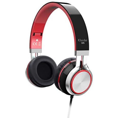 Elecder i39 Headphones with Microphone Foldable Lightweight Adjustable On Ear Headsets with 3.5mm Jack for iPad Cellphones Computer MP3/4 Kindle Airplane School Red/Black