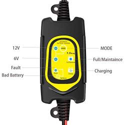 6V/12V Battery Charger 1.5A Trickle Charger and Auto Battery Maintainer Smart Float Charger for Car Motorcycle Boat Lawn Mower Tractor RV SLA ATV AGM GEL Lead Acid Batteries (Yellow)