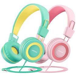 Mpow CH8 Kids Headphones with Microphone (2-Pack), Wired On-Ear Headsets with Safe Volume Limited 91dB, Foldable Durable Earphones w/Audio Splitter for Boys/Girls/Toddlers/Children/School/Travel/Plane