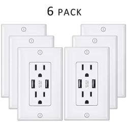 NUOZHI USB Outlet,15A Duplex Receptacle with Dual USB ports (5V/4.2A), Compatible with iPhone XS/MAX/XR/X/8, Samsung Galaxy S9/S8/S7, LG, HTC & other Smartphones, ETL Listed, White 6 Pack