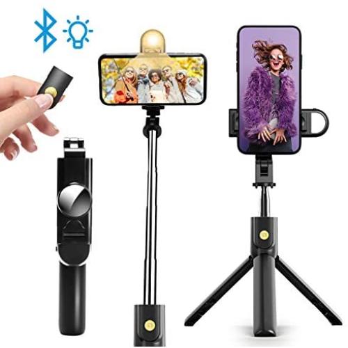 Selfie Stick Phone Tripod Stand - Portable Cellphone Tripod with Bluetooth Remote & Fill Light, Lightweight Smartphone Tripod for iPhone & Android Phone, Extendable to 27.6