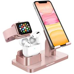 KANGYA 3 in 1 Charging Stand, Universal Charging Dock Station for Airpods Pro 2/1 Apple Watch Series 5/4/3/2 iPhone 11 SE 2020 Xs Max XR X 8 7 6S 6 Plus 5S 5 Android Smartphone iPad Tablet, Rose Gold