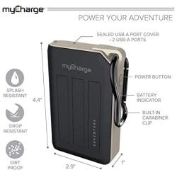 myCharge Adventure Camping Portable Charger Power Bank 10050mAh Rugged Outdoor External Battery Pack with Carabiner Clip - USB Accessories, Bluetooth Speaker, Cell Phone (iPhone, Android for Samsung)