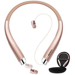 Bluetooth Headphones, Doltech Bluetooth 5.0 Neckband Wireless Headphones Noise Cancelling Headset with Carrying Case, Retractable Earbuds Stereo Earphones with Mic (Rose Gold)