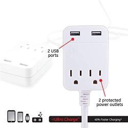 GE Pro USB Charging 12 Ft Extension Cord, Charging Station, Surge Protector Power Strip, Flat Plug, 3 prong, 2 Outlets, 2 USB Ports, 2.4 Amp, 12 Watt, 250 Joules, Wall Mount, UL Listed, White, 32089