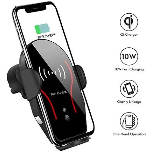 Wireless Car Charger, VIKASI 10W Qi Fast Charging Car Phone Holder, Air Vent Automatic Clamping Car Charger Mount Compatible with Samsung Galaxy Note 9/8/ S9/ S8,iPhone Xs Max/XR/X 8/8 Plus(Black-Red)
