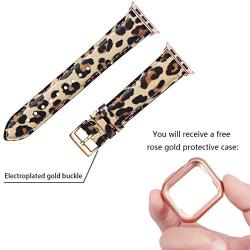 OMIU Square Bands Compatible for Apple Watch 42mm 44mm 38mm 40mm, Genuine Leather Replacement Band Compatible with Apple Watch Series 5/4/3/2/1 Edition (Leopard/Rose Gold, 42mm 44mm)