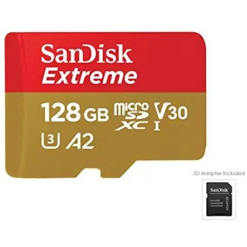 SanDisk 128GB Extreme microSDXC UHS-I Memory Card with Adapter - C10, U3, V30, 4K, A2, Micro SD - SDSQXA1-128G-GN6MA SanDisk 128GB Extreme microSDXC UHS-I Memory Card with Adapter - C10, U3, V30, 4K, A2, Micro SD - SDSQXA1-128G-GN6MA
