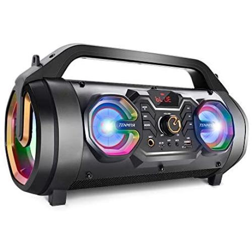 Bluetooth Speakers, 30W Portable Bluetooth Boombox with Subwoofer, FM Radio, RGB Colorful Lights, EQ, Stereo Sound, Booming Bass, 10H Playtime Wireless Outdoor Speaker for Home, Party, Camping, Travel