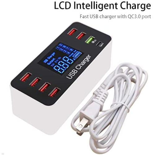 Multi USB 8-Port Smart Fast Desktop Hub Wall Charger Charging Station Quick Charge 3.0 USB Type C Port With LED Display Compatible with Apple Samsung Android Smart Phone, Tablet, Nintendo Switch Games