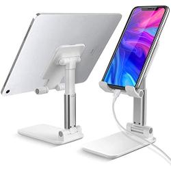 JIMO Adjustable Cell Phone Stand, Foldable Tablet Stand Portable Phone Holder for Desk Compatible with iPhone 11 Pro XS Max XR X Samsung Galaxy S10 S9&Tablets,White