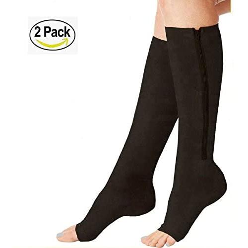 (2 Pairs)Compression Medical Zip Socks15-20mmHg Zipper Leg Support Unisex Open Toe Knee