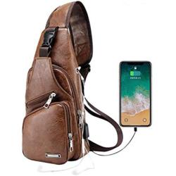 Mens Leather Sling Bag, Chest Daypack Crossbody Shoulder Bag Anti Theft with USB Charging Port (Brown)