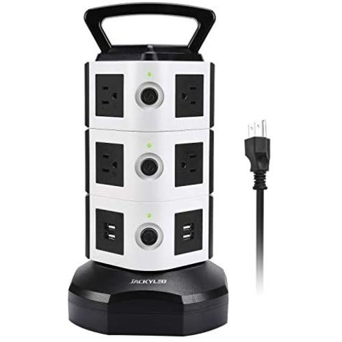 Power Strip Tower JACKYLED Surge Protector Electric Charging Station 3000W 13A 10 Outlets 4 USB Ports with 16AWG 6.5ft Heavy Duty Extension Cord for Home Office