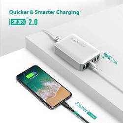 USB Charger RAVPower 60W 12A 6-Port Desktop USB Charging Station with iSmart Multiple Port, Compatible iPhone SE 11 Pro Max XS XR X iPad Pro Air Mini Galaxy S10 Note 10 Tablet and More (Grey White)