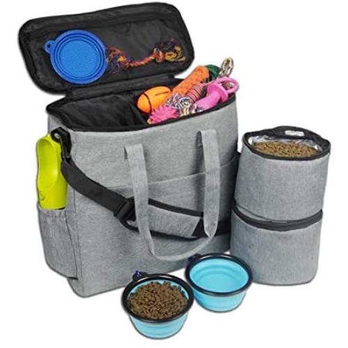 maxpama Dog & Cat Travel Bag - Weekend Tote Organizer Bag for Dogs Travel,Airline Approved - Includes 1X Pet Travel Bag, 2X Food Storage Containers and 2X Collapsible Silicone Dog Bowls - Gray