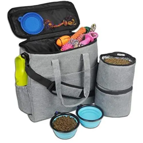 maxpama Dog & Cat Travel Bag - Weekend Tote Organizer Bag for Dogs Travel,Airline Approved - Includes 1X Pet Travel Bag, 2X Food Storage Containers and 2X Collapsible Silicone Dog Bowls - Gray maxpama Dog & Cat Travel Bag - Weekend Tote Organizer Bag for Dogs Travel,Airline Approved - Includes 1X Pet Travel Bag, 2X Food Storage Containers and 2X Collapsible Silicone Dog Bowls - Gray