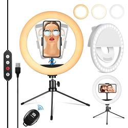 PEHESHE Ring Selfie LED Light 10" with Tripod Stand & Phone Holder Mini Dimmable Circle Light for Live Stream/Tiktok/YouTube/Makeup/Photography/Video 3 Light Modes 10 Brightness Level with Remote